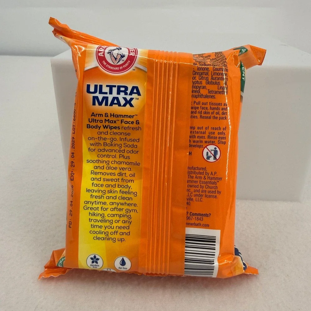 Arm & Hammer Ultra Max Face & Body Wipes 30 Pack Fresh Scent Baking Soda Aloe